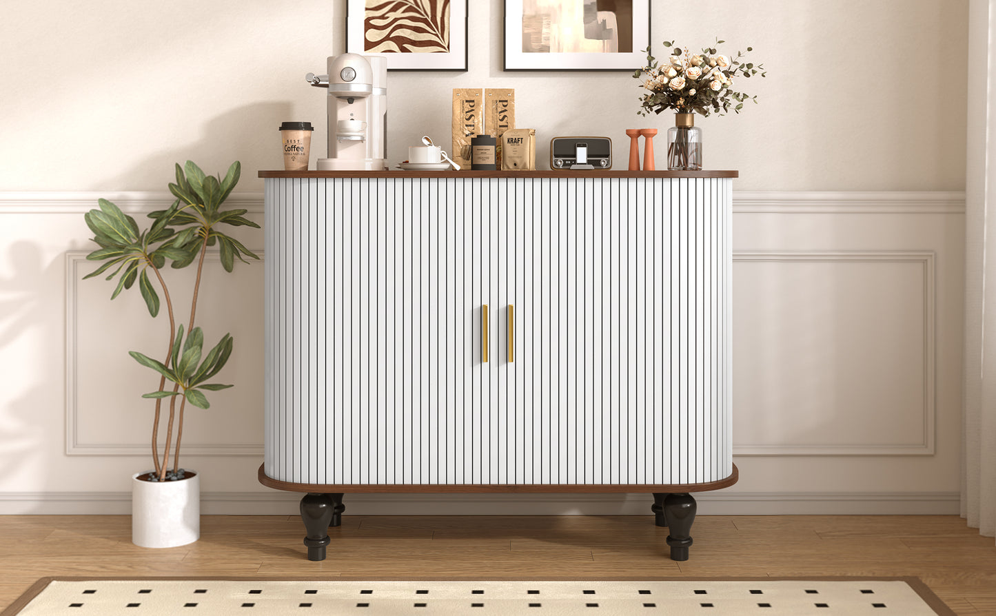 39" Fluted Liquor & Coffee Bar Cabinet with 6 Wine Racks and 3 Glass Holders, Mid-Century Modern Bar Cabinet with A Large Storage Drawer,4 Hidden Storage Space on the Side, White image 11