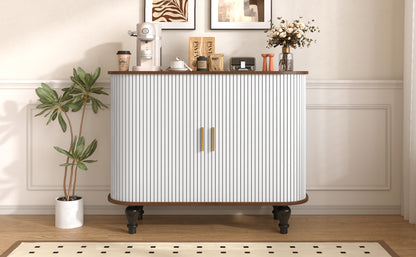 39" Fluted Liquor & Coffee Bar Cabinet with 6 Wine Racks and 3 Glass Holders, Mid-Century Modern Bar Cabinet with A Large Storage Drawer,4 Hidden Storage Space on the Side, White image 11