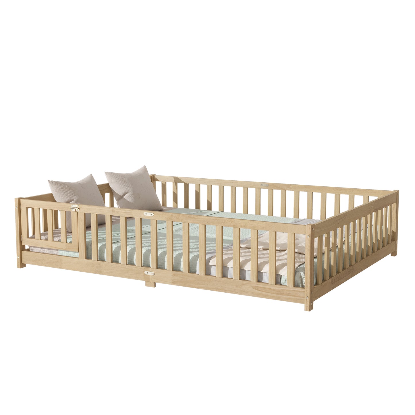 Queen Size Floor Bed with Fence,Door,Rubber Wood Floor Bed with Safety Guardrails,Natural (Old Sku W504P286389) image 8