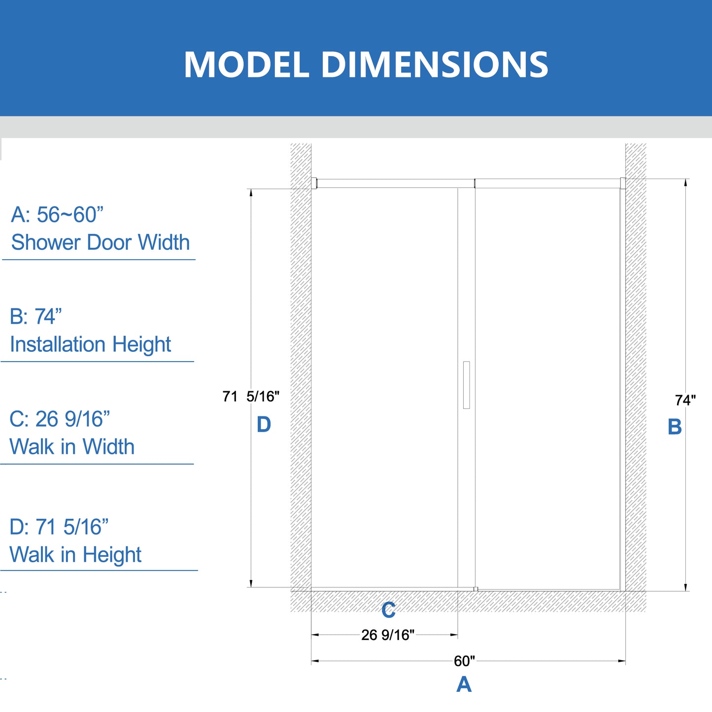 56-60" W x 74" H Semi-Frameless Sliding Shower Door, 1/4" (6mm) Clear SGCC Tempered Glass, Matte Black Finished, Adjustable Width – No Cutting Required image 9