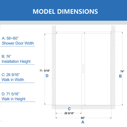 56-60" W x 74" H Semi-Frameless Sliding Shower Door, 1/4" (6mm) Clear SGCC Tempered Glass, Matte Black Finished, Adjustable Width – No Cutting Required image 9