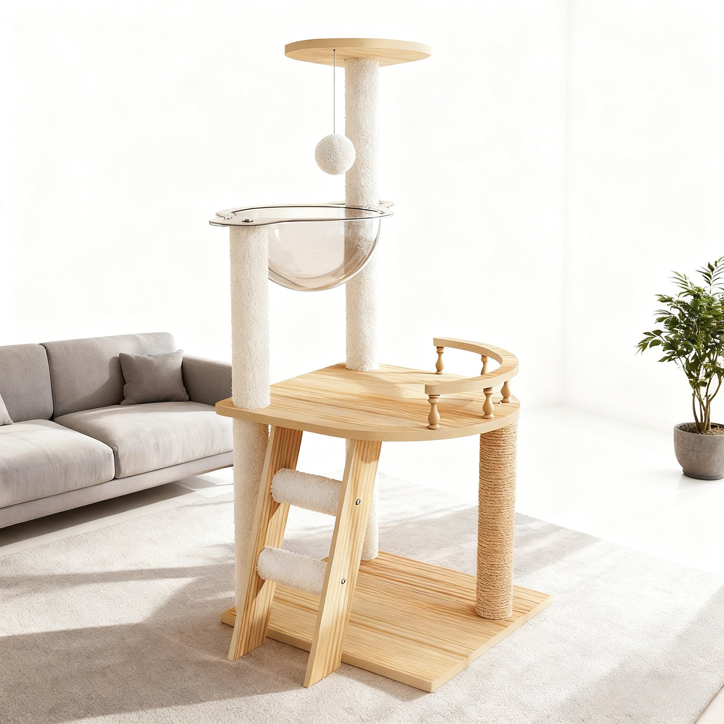 41.3" Modern Cat Tower, Wood Cat Tree Tower for Indoor Cats, Cat Treewith Sisal-Covered Scratching Posts and Top Perch, Cat Condo with Acrylic Hammock for Small Large Cats image 7