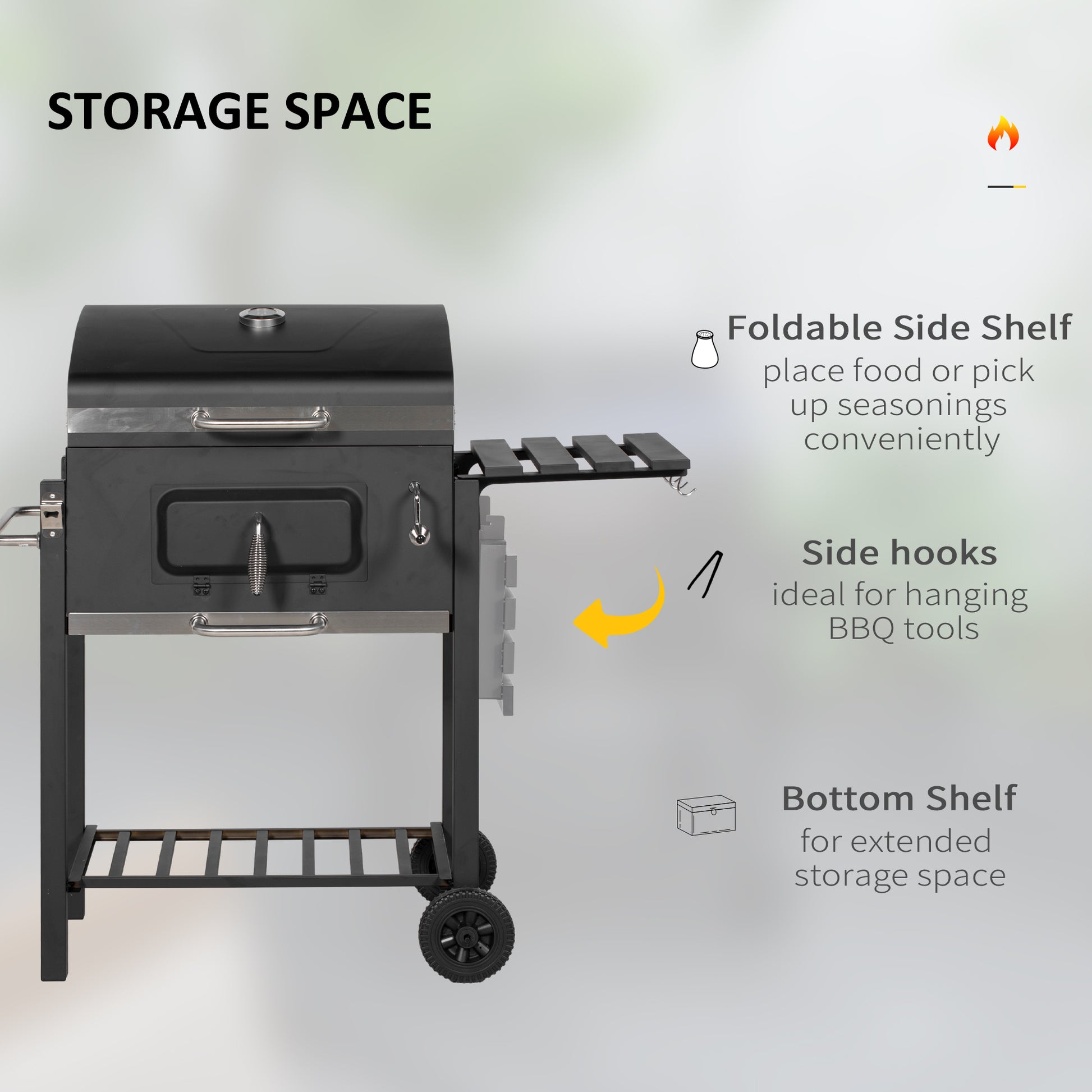 Outsunny Charcoal BBQ Grill, Outdoor Portable Cooker for Camping or Backyard Picnic with Side Table, Bottom Storage Shelf, Wheels and Handle, Black image 8