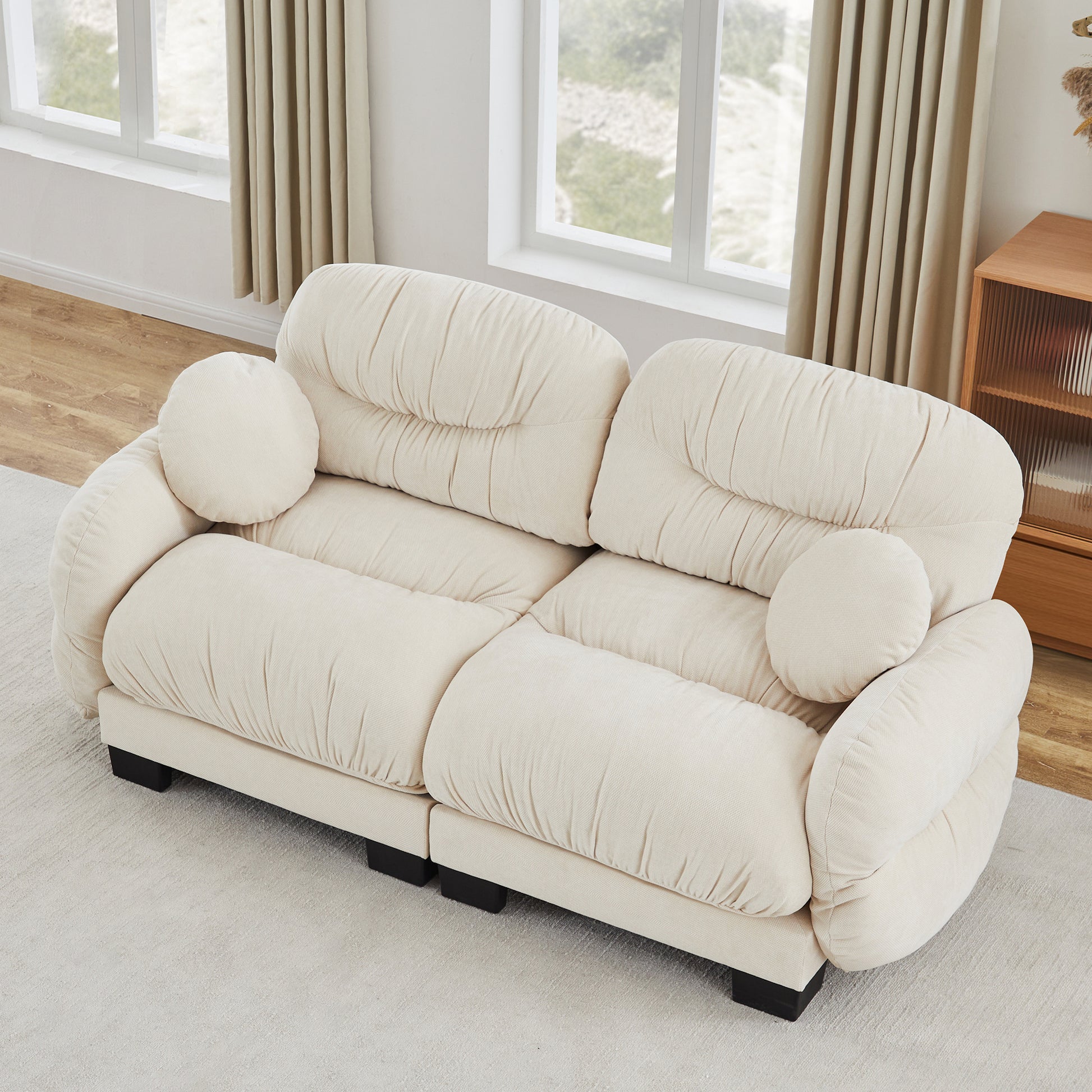 Pleated Design Cozy Chenille Fabric 2 Seater Modular Sofa with High-Density Ergonomic Foam Seat, Curved Round Armrests and 2 Round Throw Pillows,Beige image 1
