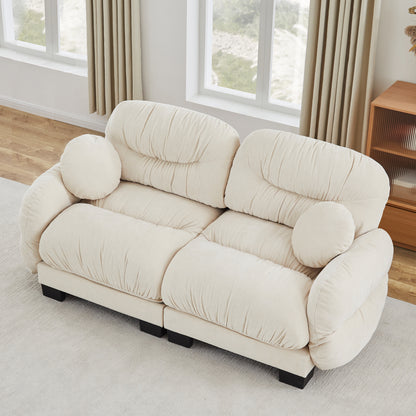 Pleated Design Cozy Chenille Fabric 2 Seater Modular Sofa with High-Density Ergonomic Foam Seat, Curved Round Armrests and 2 Round Throw Pillows,Beige image 1