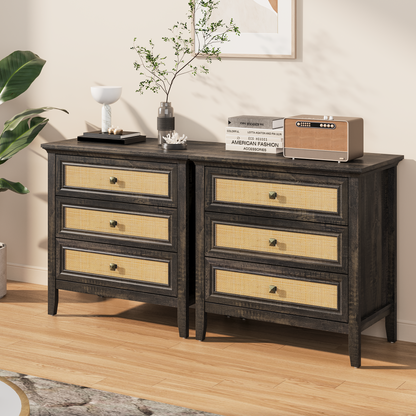 3 Drawer Dresser Rattan Dresser Wood Chest of Drawers Farmhouse Closet Dressers Modern Bedside Table Rustic Nightstand Storage Cabinet for Bedroom, Hallway, Living Room, Dark Rustic Oak image 11