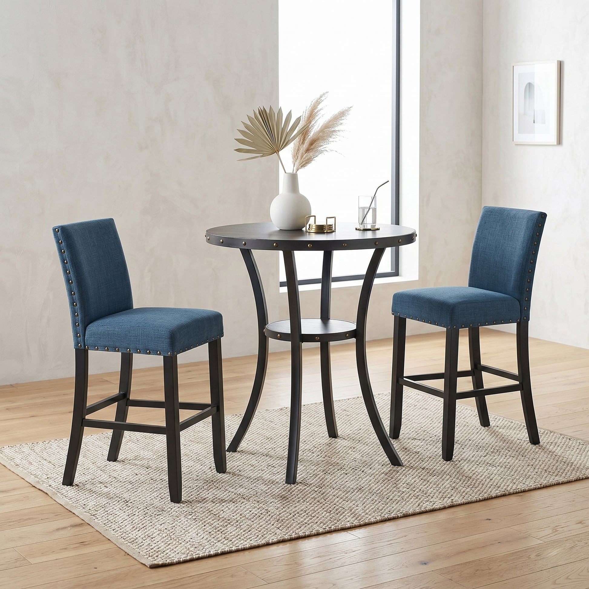 Biony 3-Piece 36" Round Espresso Finish Bar Table with 2 Blue Fabric Nail Head Pub Chairs image 2