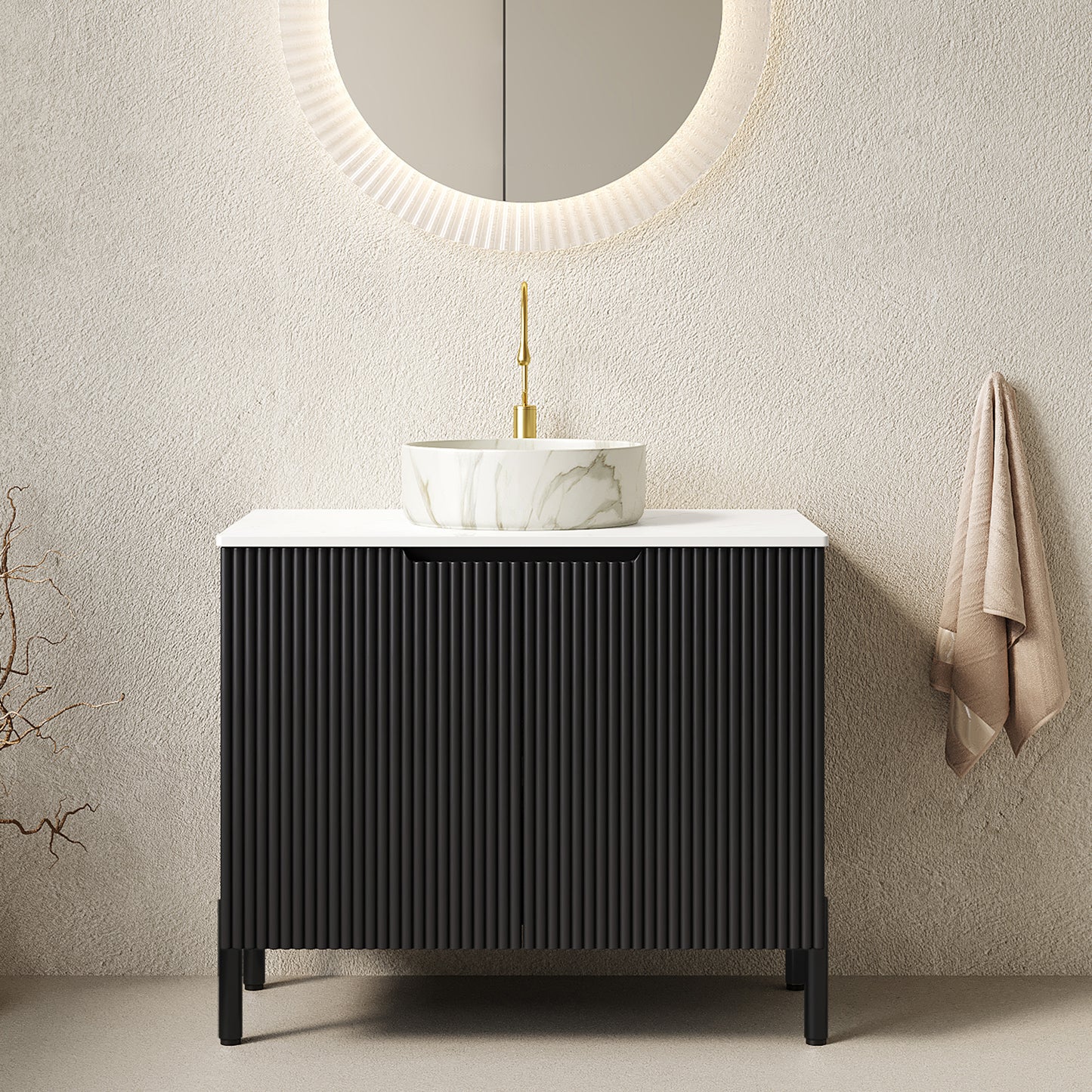 TURIO 30" Bathroom Vanity with Sink, Freestanding Bathroom Storage Cabinet with 2 Doors, White Round Ceramic Basin with Stone Pattern and Carrara White Counter Top, No Faucet, Black Color image 1