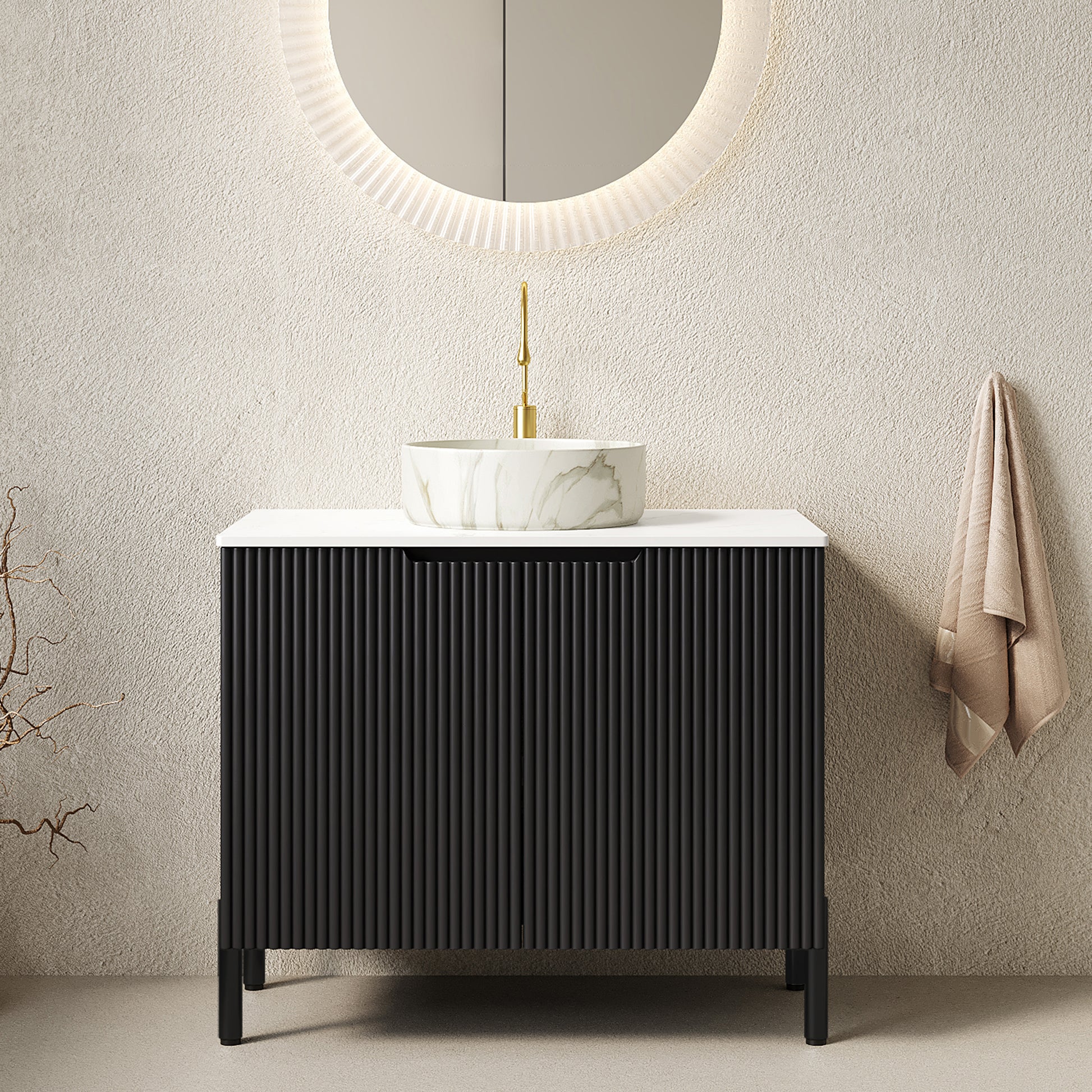 TURIO 30" Bathroom Vanity with Sink, Freestanding Bathroom Storage Cabinet with 2 Doors, White Round Ceramic Basin with Stone Pattern and Carrara White Counter Top, No Faucet, Black Color image 1
