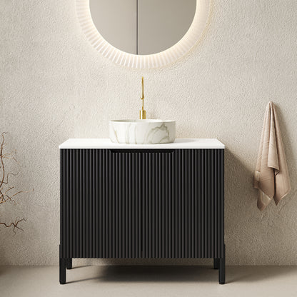 TURIO 30" Bathroom Vanity with Sink, Freestanding Bathroom Storage Cabinet with 2 Doors, White Round Ceramic Basin with Stone Pattern and Carrara White Counter Top, No Faucet, Black Color image 1