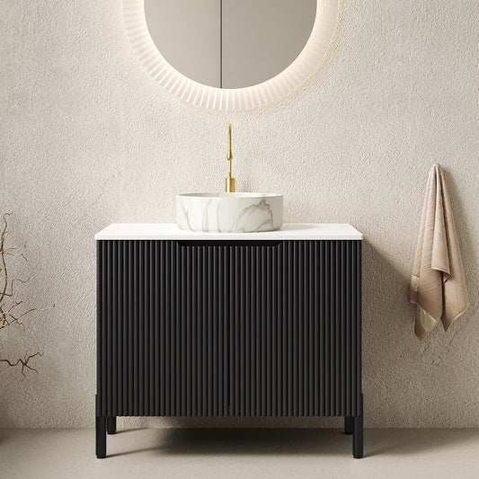 TURIO 30 inch bathroom vanity with white ceramic basin and black cabinet front view