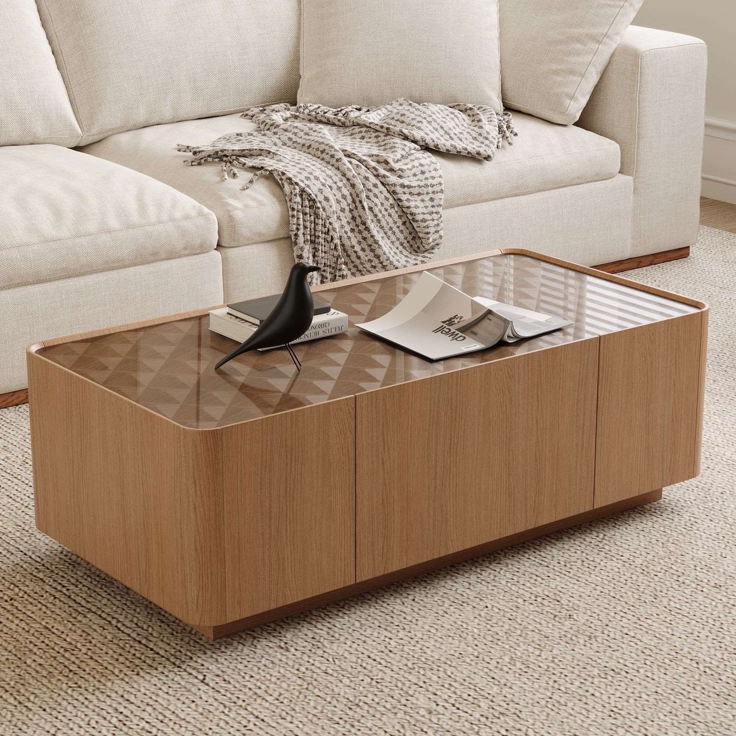 46.8" Mid-Century Modern Glass Top Coffee Table,Rectangular Center Table with Hidden Storage Drawers for Living Room,Contemporary Storage Coffee Table with Stable Base for Apartment Home(Light Walnut) image 2