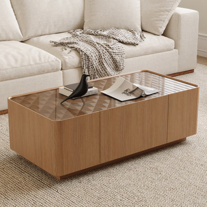 46.8" Mid-Century Modern Glass Top Coffee Table,Rectangular Center Table with Hidden Storage Drawers for Living Room,Contemporary Storage Coffee Table with Stable Base for Apartment Home(Light Walnut) image 2