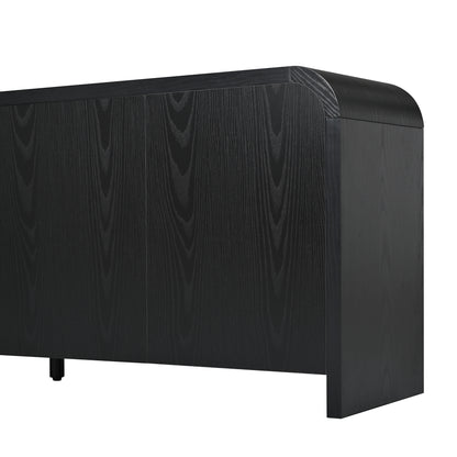 Farmhouse Curved Edge TV Stand with Large Cabinets for TVs up to 70", Minimalist Wood Grain Media Console with Cable Management, Mid Century TV Cabinet with Adjustable Shelves for Living Room, Black image 12