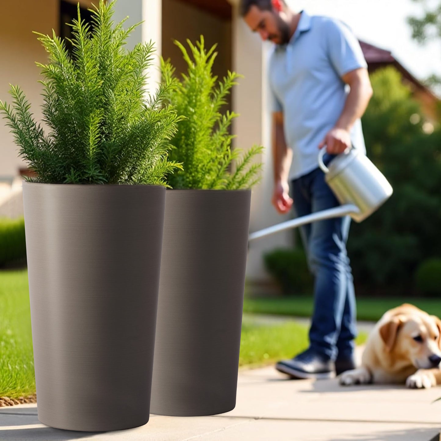 2 Pack Tall 21.7 in Planters for Outdoor Plants Modern Tall Square Planter Box Indoor Outdoor Porch Patio Flower Pot Modern Big Tapered Matte Tree Flower Pot for Garden, (Brown) image 8