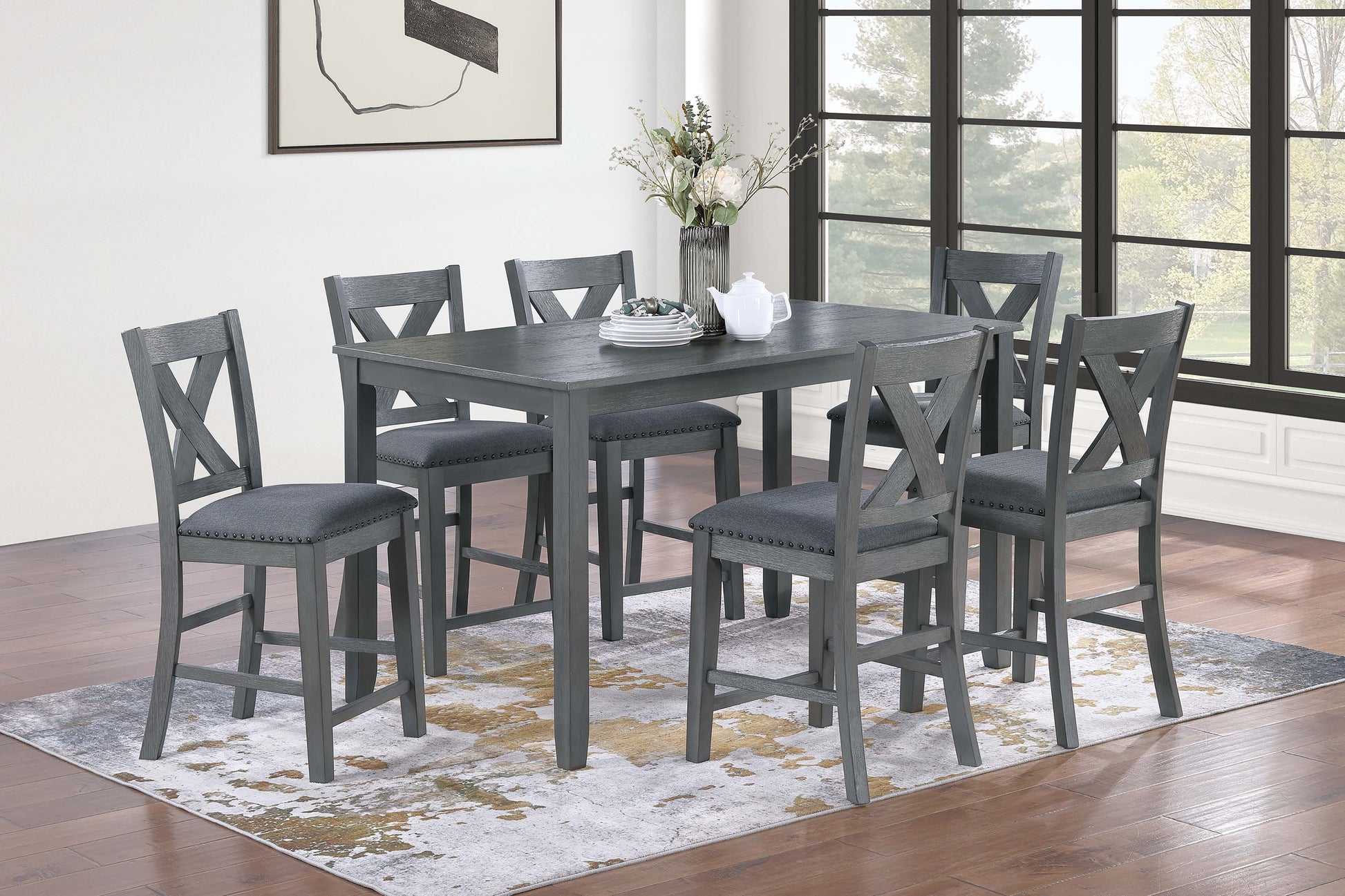 Modern Style Gray Dining Table 6x Chairs 7pcs Counter Height Set Cushion Seat Nailhead X-Cross Back Chairs Dining Room Furniture image 1
