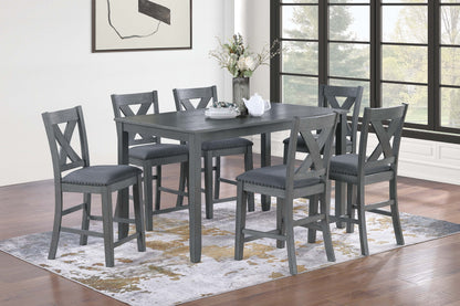 Modern Style Gray Dining Table 6x Chairs 7pcs Counter Height Set Cushion Seat Nailhead X-Cross Back Chairs Dining Room Furniture image 1