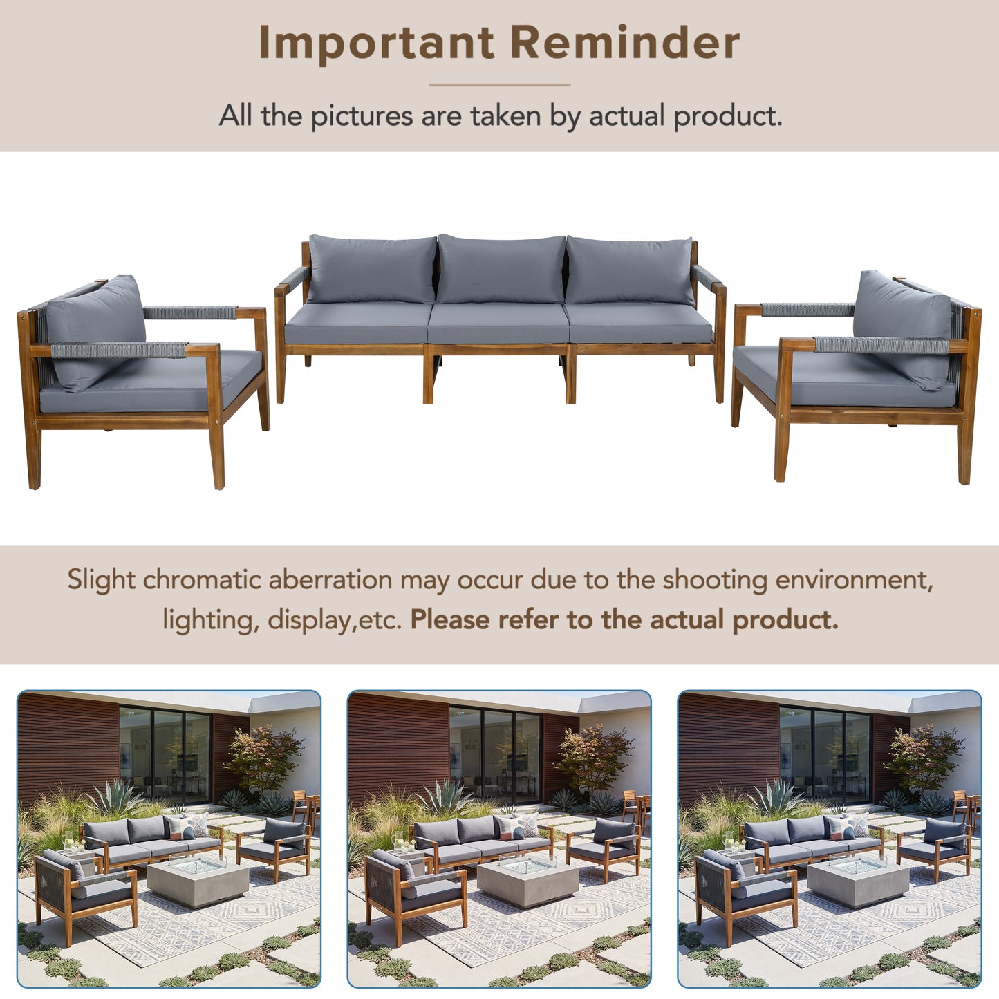 3 Pieces Outdoor Sectional Sofa Set, Rope Woven Patio Conversation Set with Solid Acacia Wood Frame, Water-Resistant Removable Cushions for Backyard, Deck and Poolside, Grey image 11