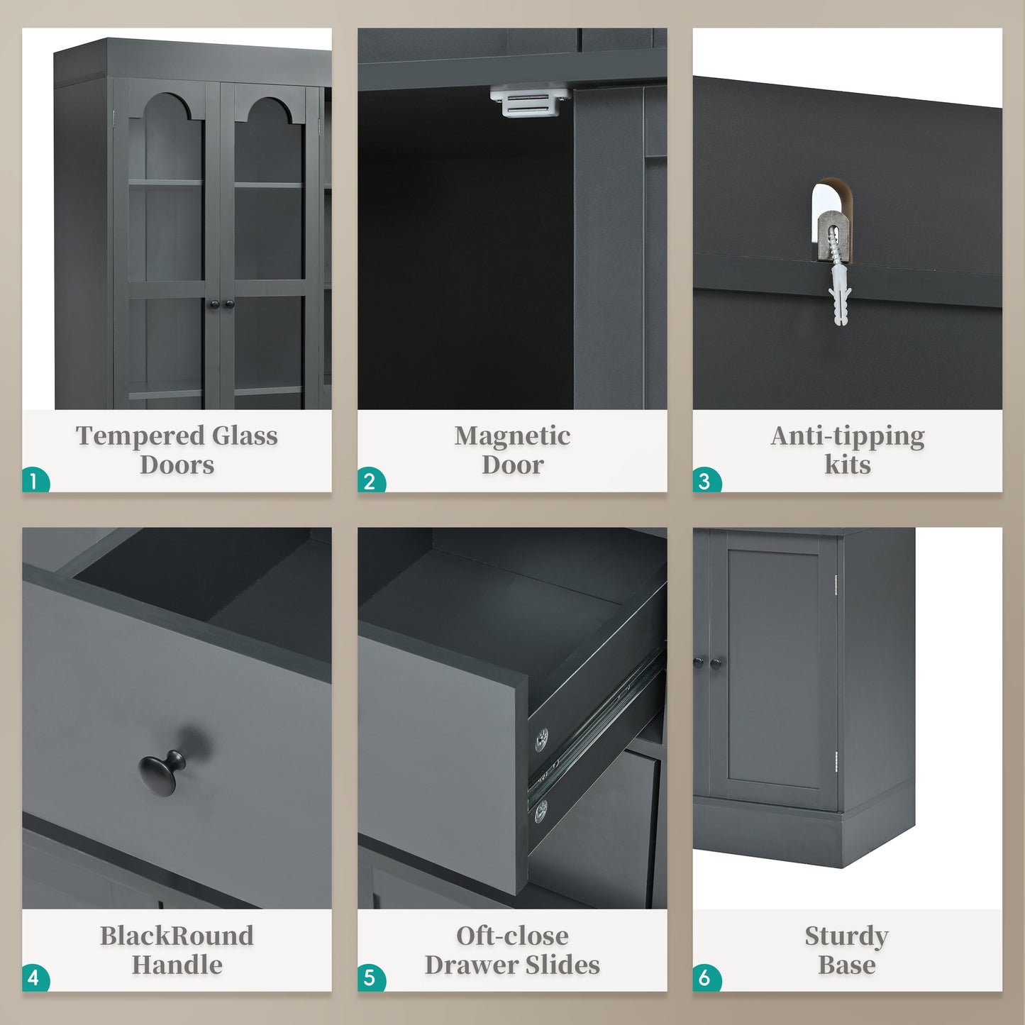 [Assembly Video Provided] TOPMAX 47.2x15.7x75inch Freestanding Buffet with Hutch, Tall Kitchen Pantry Cabinet with 4 Drawers, Door Shelves and Pull-out Trays for Dining room, Living Room, Gray image 9