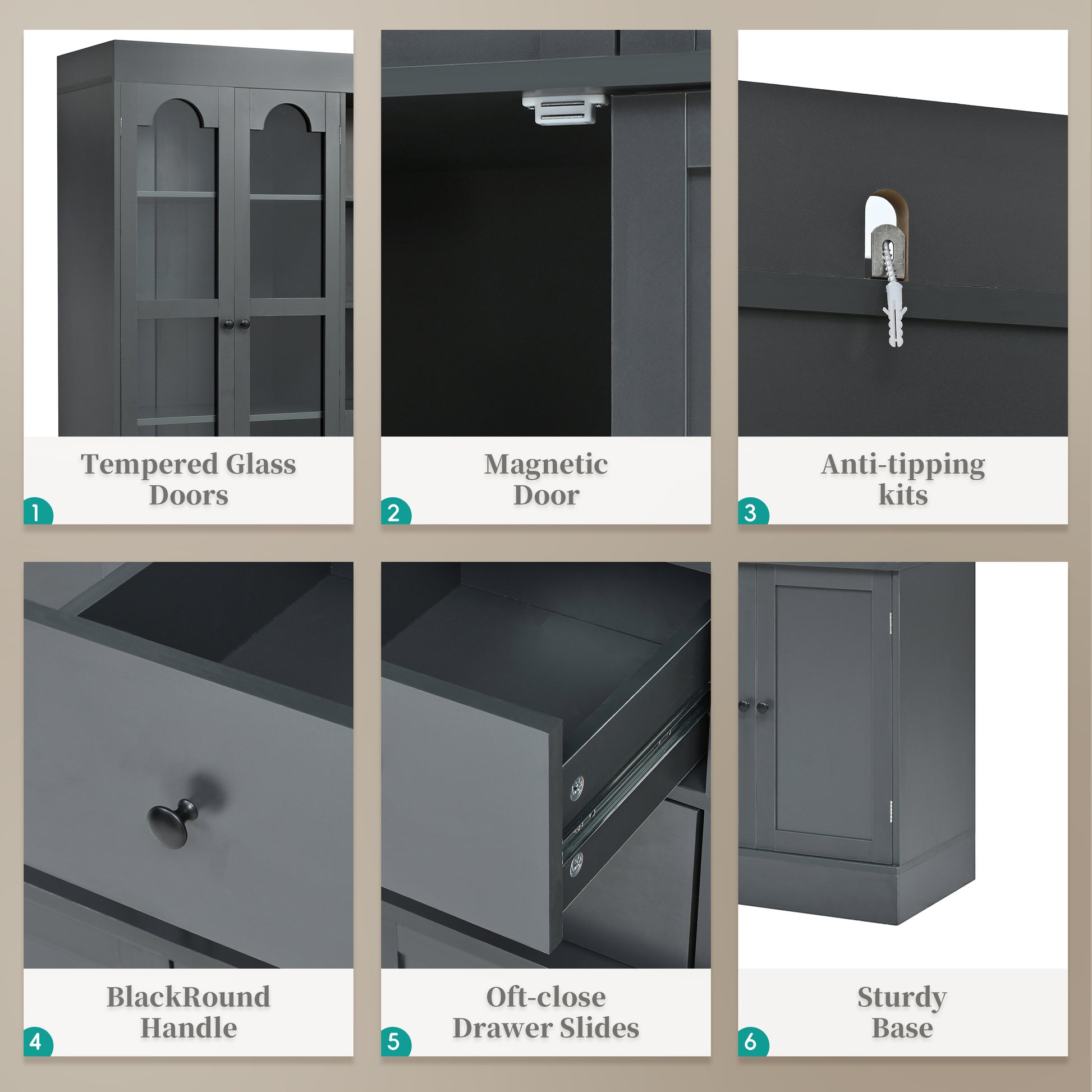 [Assembly Video Provided] TOPMAX 47.2x15.7x75inch Freestanding Buffet with Hutch, Tall Kitchen Pantry Cabinet with 4 Drawers, Door Shelves and Pull-out Trays for Dining room, Living Room, Gray image 9