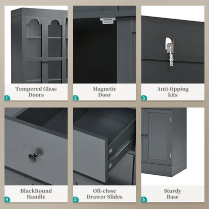 [Assembly Video Provided] TOPMAX 47.2x15.7x75inch Freestanding Buffet with Hutch, Tall Kitchen Pantry Cabinet with 4 Drawers, Door Shelves and Pull-out Trays for Dining room, Living Room, Gray image 9