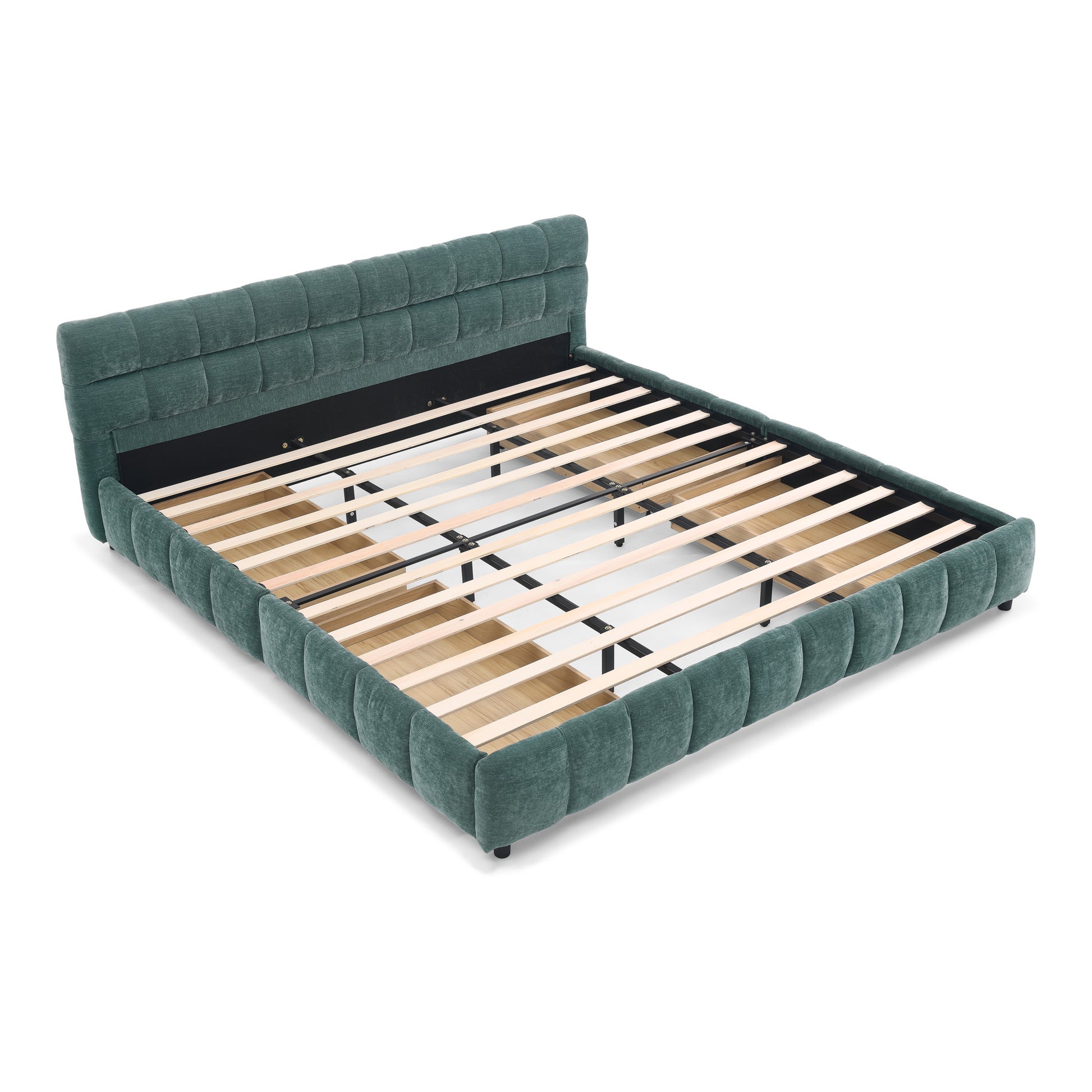 King Size Upholstered Bed,comfortable upholstered bed frame, Chenille fabric, with headboard and solid bed frame. With drawer for storage-green(88.5''*85.5''*31'') image 12