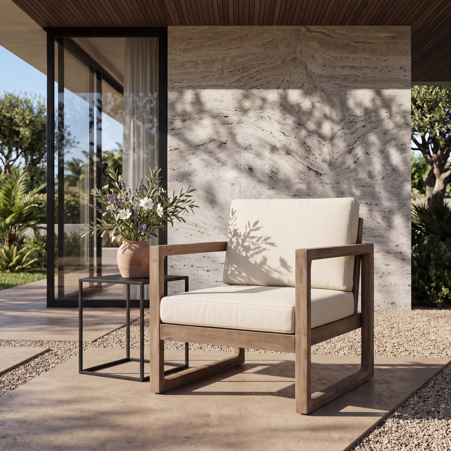 Outdoor Acacia Wood Patio Club Chair, Wood Patio Furniture,Waterproof Thick Cushion Deep Seating for Porch, Garden, Backyard, Balcony, Brown Wash and Beige Cushion image 2
