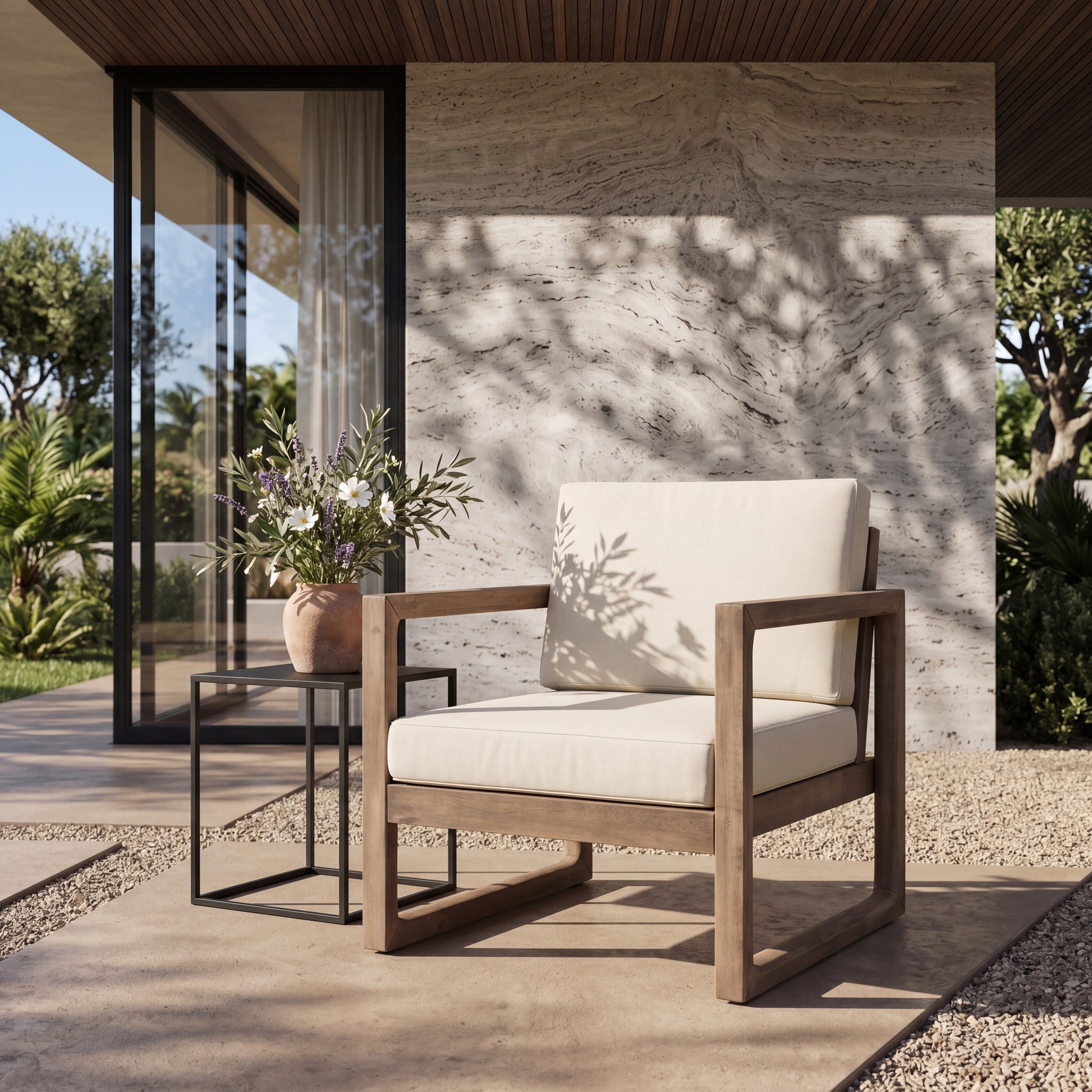 Outdoor Acacia Wood Patio Club Chair, Wood Patio Furniture,Waterproof Thick Cushion Deep Seating for Porch, Garden, Backyard, Balcony, Brown Wash and Beige Cushion image 2