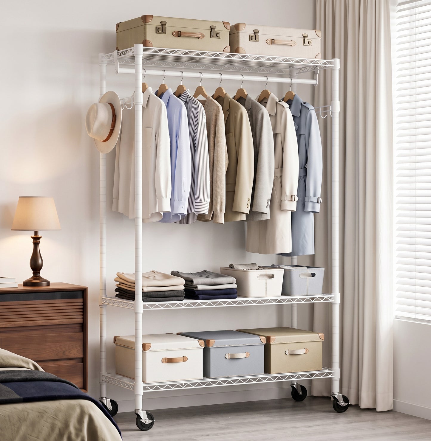 Heavy Duty Rolling Garment Rack 3 Tiers Adjustable Wire Shelving Clothes Rack with Rods and Side Hooks,Storage Closet Clothing Rack with Wheels White 15.7" D x 29.5" W x 74.5" H image 5