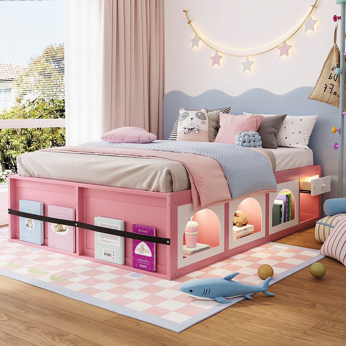 Queen Size Wooden Platform Bed with Bookshelf, Display Cabinet, LED Light and Drawer, Pink+White image 1