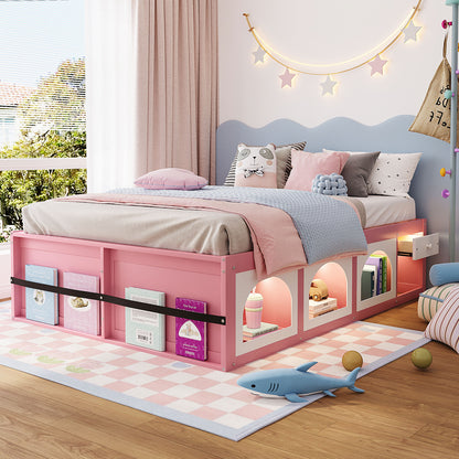 Queen Size Wooden Platform Bed with Bookshelf, Display Cabinet, LED Light and Drawer, Pink+White image 1