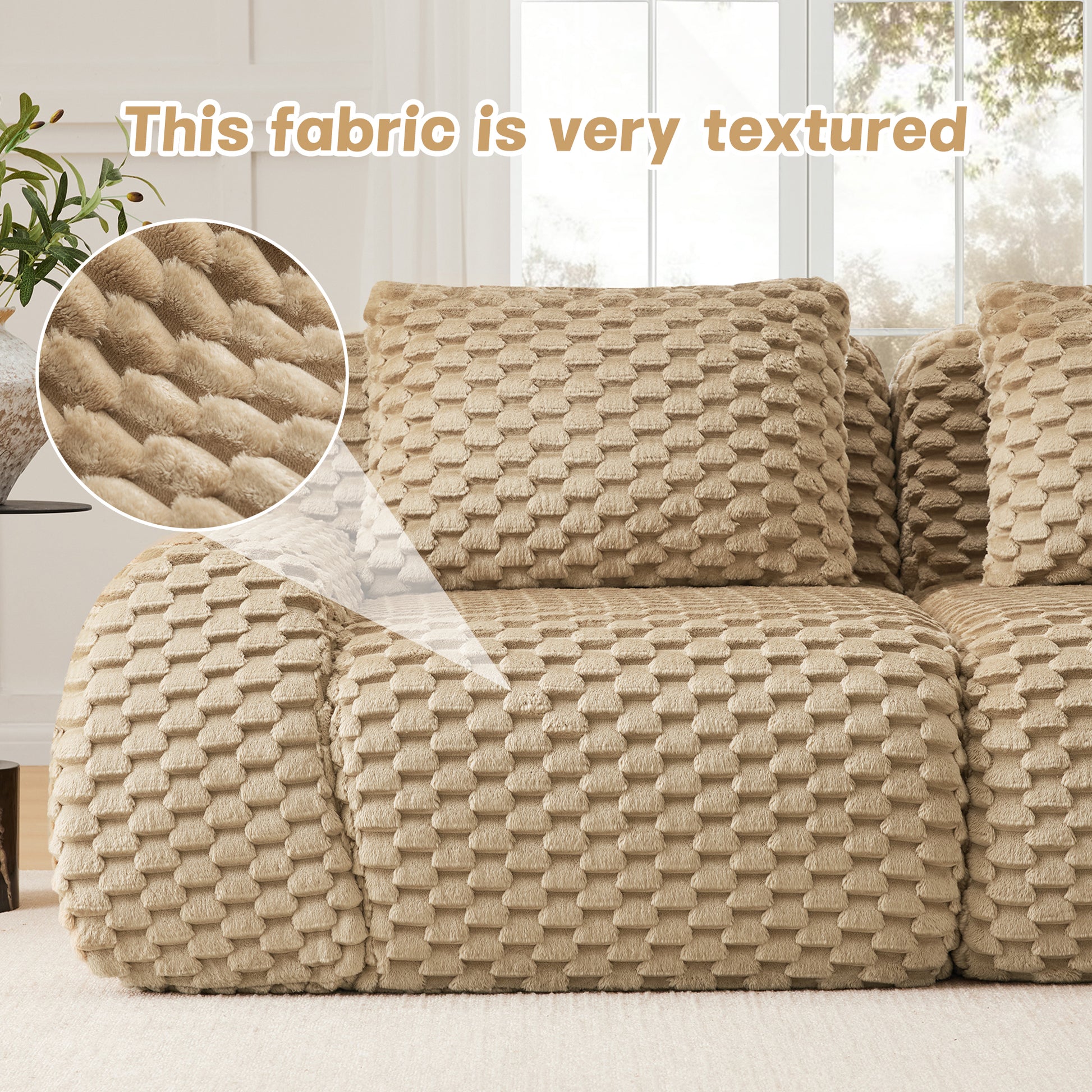 82" Modern Modular Sectional Sofa for Living Room,Flannelette Fabric,highly textured,Oversized 2-Seater Couch with Deep Seat,Buckle connection,Anti-slip Design,No Assembly,boneless sofa,Light Camel image 9
