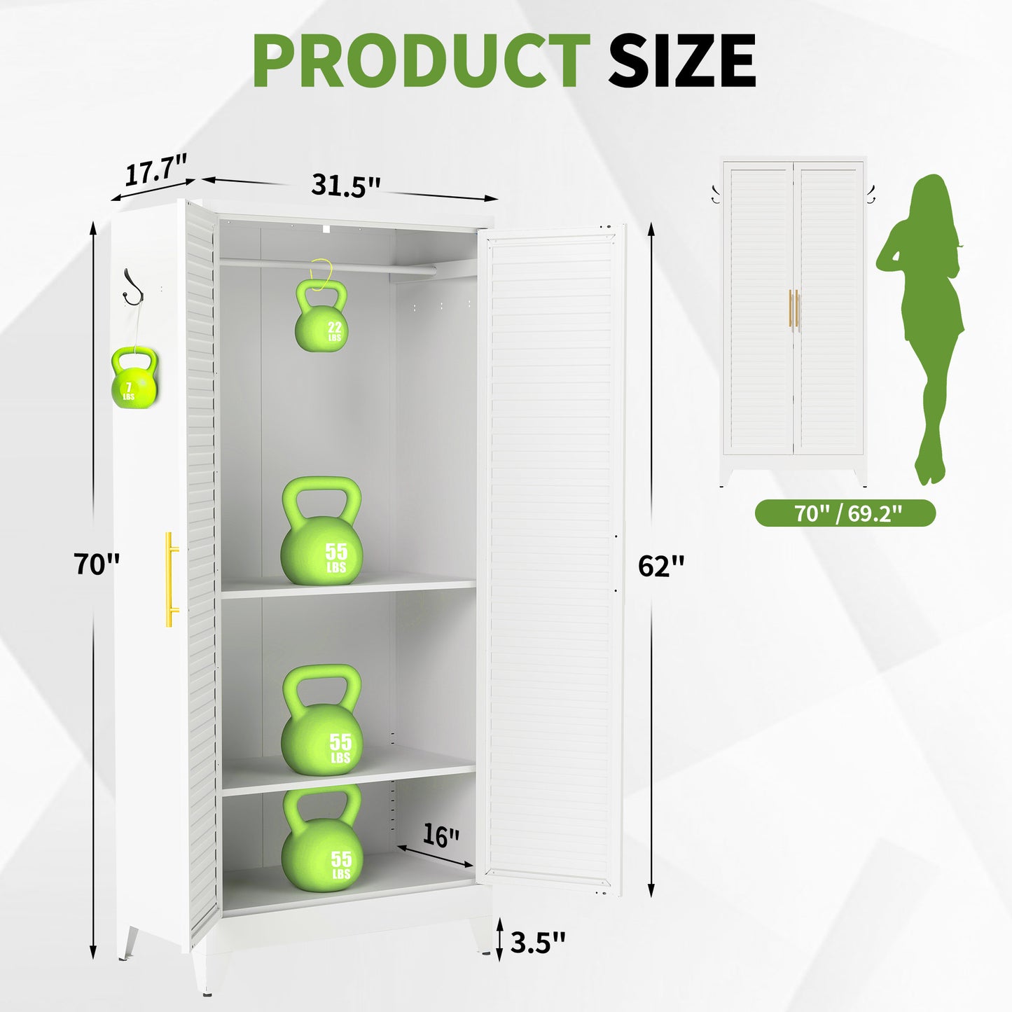 White Metal Wardrobe Closet with 2 Doors, 71″ Tall Portable Storage Cabinet for Bedroom, Lightweight Closet for Small Apartments, Dorm, Renters, Cold Rolled Steel, Easy Assembly image 2