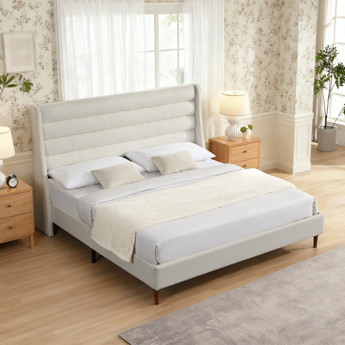 King Size Bed Frame High Headboard Upholstered Platform Bed with Wave - Shaped Headboard, Premium Chenille Fabric, Modern Minimalist Platform Bed No Box Spring Needed, Easy Assembly, Ivory image 4