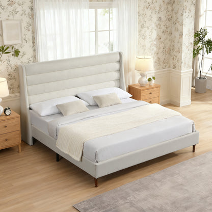 King Size Bed Frame High Headboard Upholstered Platform Bed with Wave - Shaped Headboard, Premium Chenille Fabric, Modern Minimalist Platform Bed No Box Spring Needed, Easy Assembly, Ivory image 4