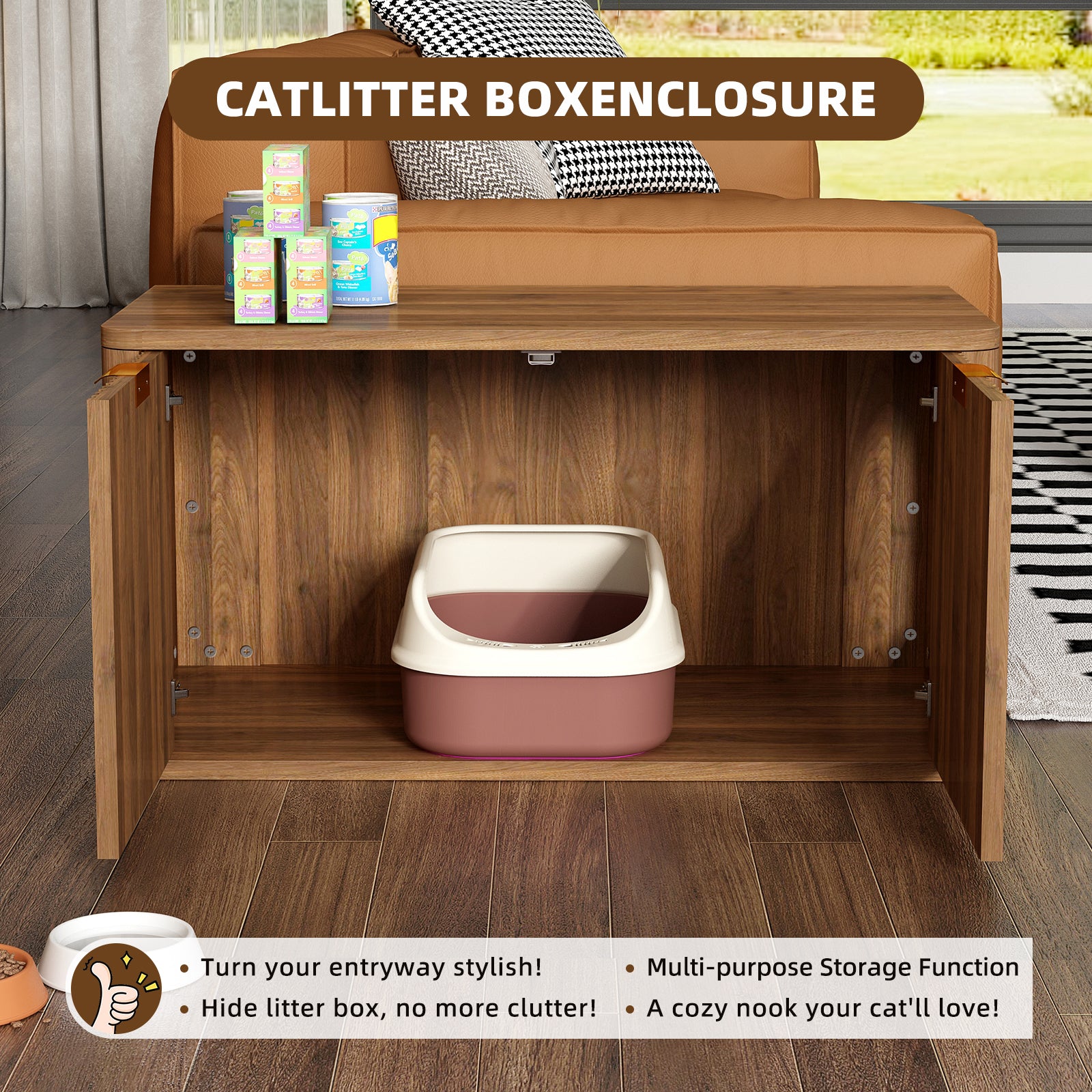 31.5" Walnut Cat Litter Box Enclosure Furniture, Large Decorative Hidden Litter Box Cabinet, Fluted Mid Century Modern Kitty End Table for Living Rooms, Bedrooms, Entryways (WALNUT) image 3