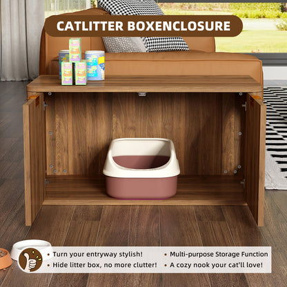 31.5" Walnut Cat Litter Box Enclosure Furniture, Large Decorative Hidden Litter Box Cabinet, Fluted Mid Century Modern Kitty End Table for Living Rooms, Bedrooms, Entryways (WALNUT) image 3