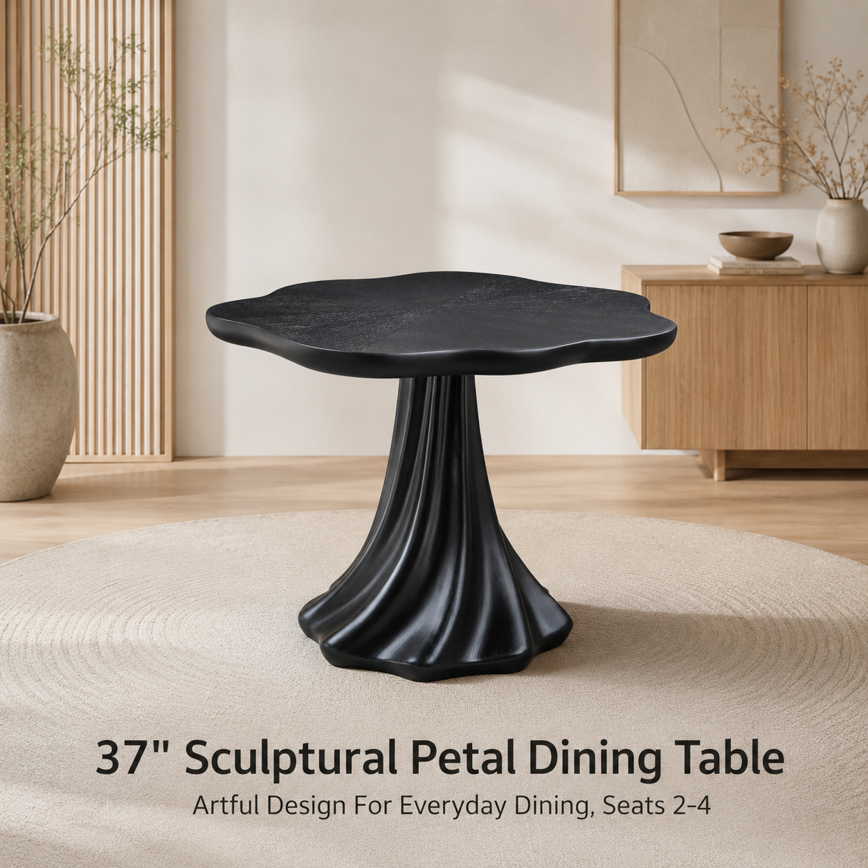37" Black Sculptural Petal Dining Table – Modern Minimalist Dining Table, Seats 2-4 image 2