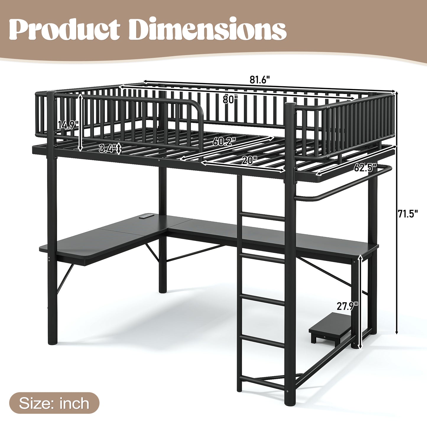 Queen Loft Bed with L-Shaped Desk,LED Light Strip and Charge Station, Metal Loft Bed with Computer Mainframe Tray and Hanging Area, Special Round Pipe Design, Black image 6