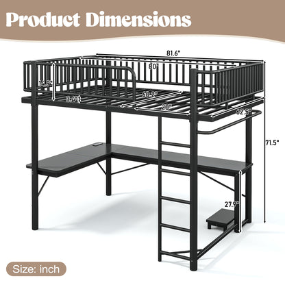 Queen Loft Bed with L-Shaped Desk,LED Light Strip and Charge Station, Metal Loft Bed with Computer Mainframe Tray and Hanging Area, Special Round Pipe Design, Black image 6