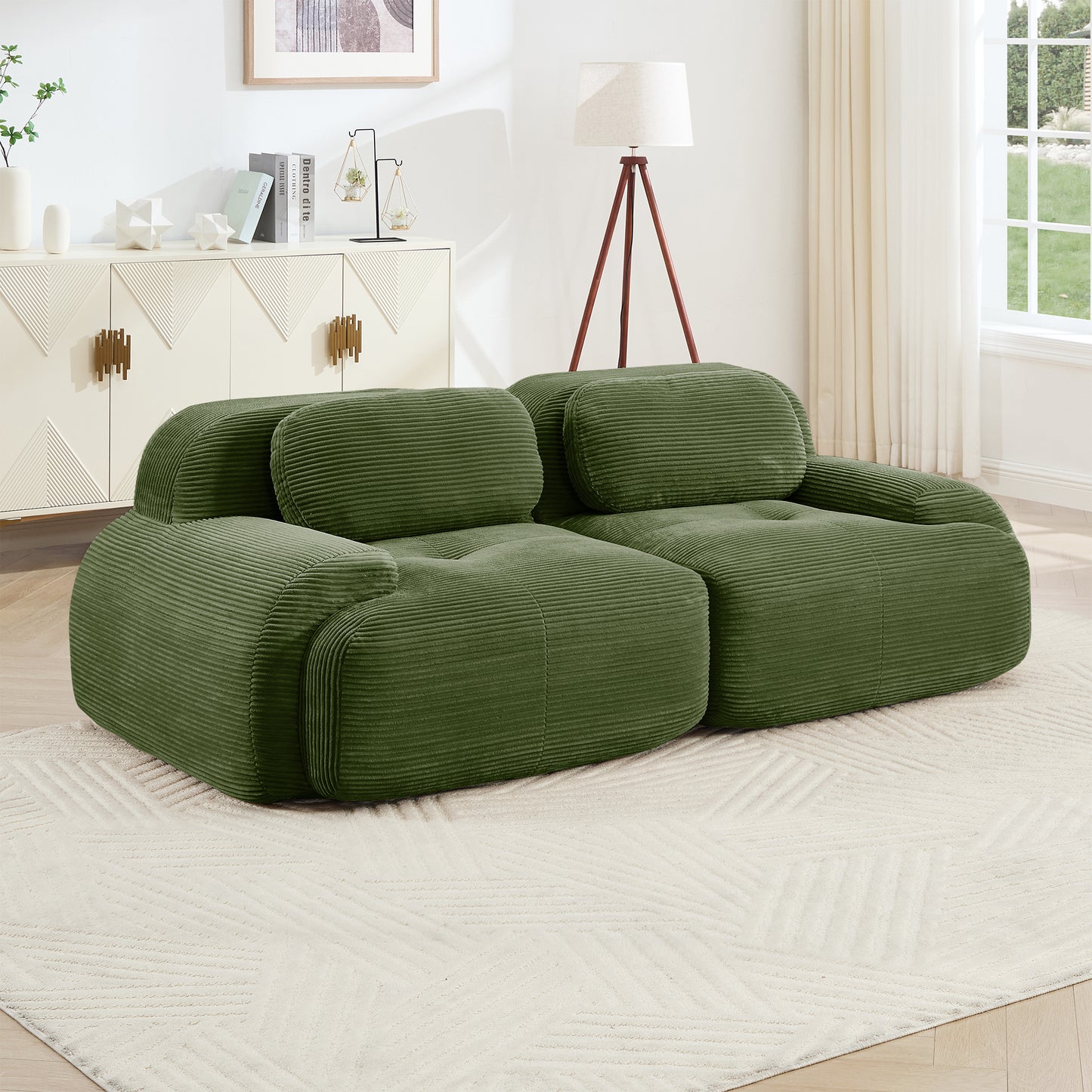82'' loveseat sofa in luxuryCorduroy Fabric modular for free combo separation curved armrests,anti-slip design high-resilience sponge fits living rooms bedrooms Audiovisual Room,Olive green image 2