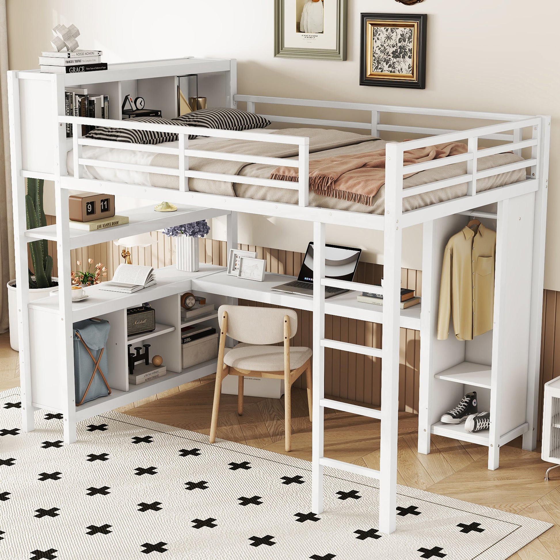 Metal Loft Bed with Wardrobe And L-shaped Desk, Full Size Loft Bed with Storage Cubes and Shelves, Heavy Duty Loft Bed for Kids Teens Adults, White image 3