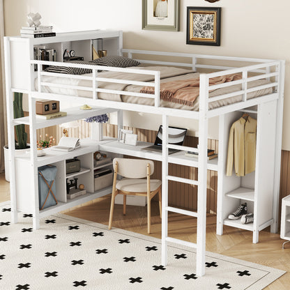 Metal Loft Bed with Wardrobe And L-shaped Desk, Full Size Loft Bed with Storage Cubes and Shelves, Heavy Duty Loft Bed for Kids Teens Adults, White image 3