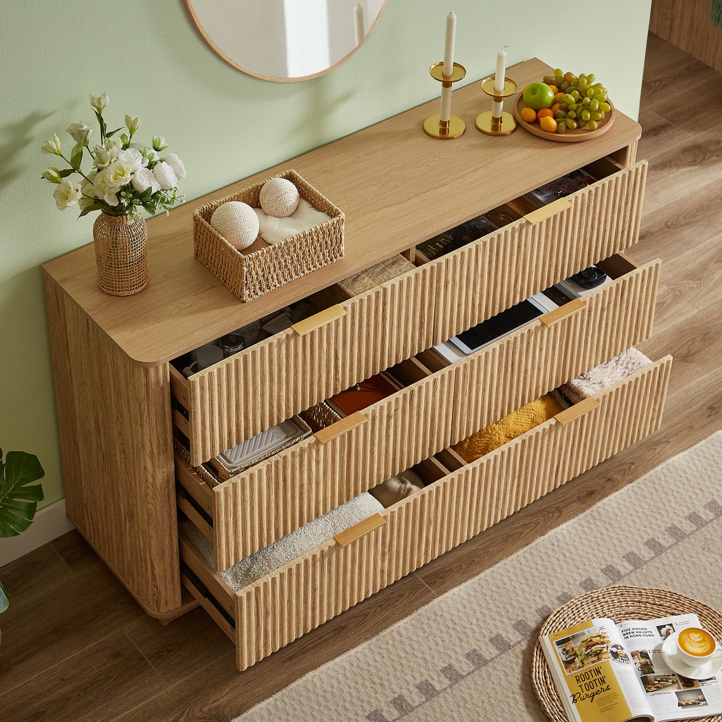 6 Drawers Dresser,55" Wide Modern Chest of Drawers Curved wave Design, Dresser TV Stand, Wood Drawer Organizer for Bedroom, Living Room, Hallway, Walnut,55.12''W x 15.75''D x 31.5''H. image 4
