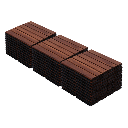 30 PCS Interlocking Acacia Hardwood Deck Tiles - Striped Pattern Outdoor Flooring