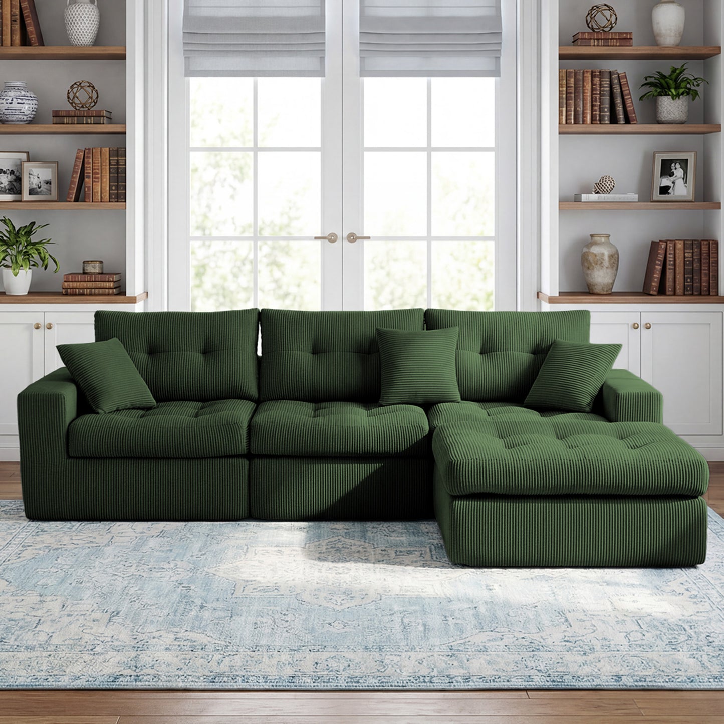 Corduroy Corner Chaise Compression Sofa Bed, L-Shaped Sectional Couch with High-Density Sponge, No-Assembly Required Convertible Sofa for Living Room, Apartment, Guest Room(Green) image 1