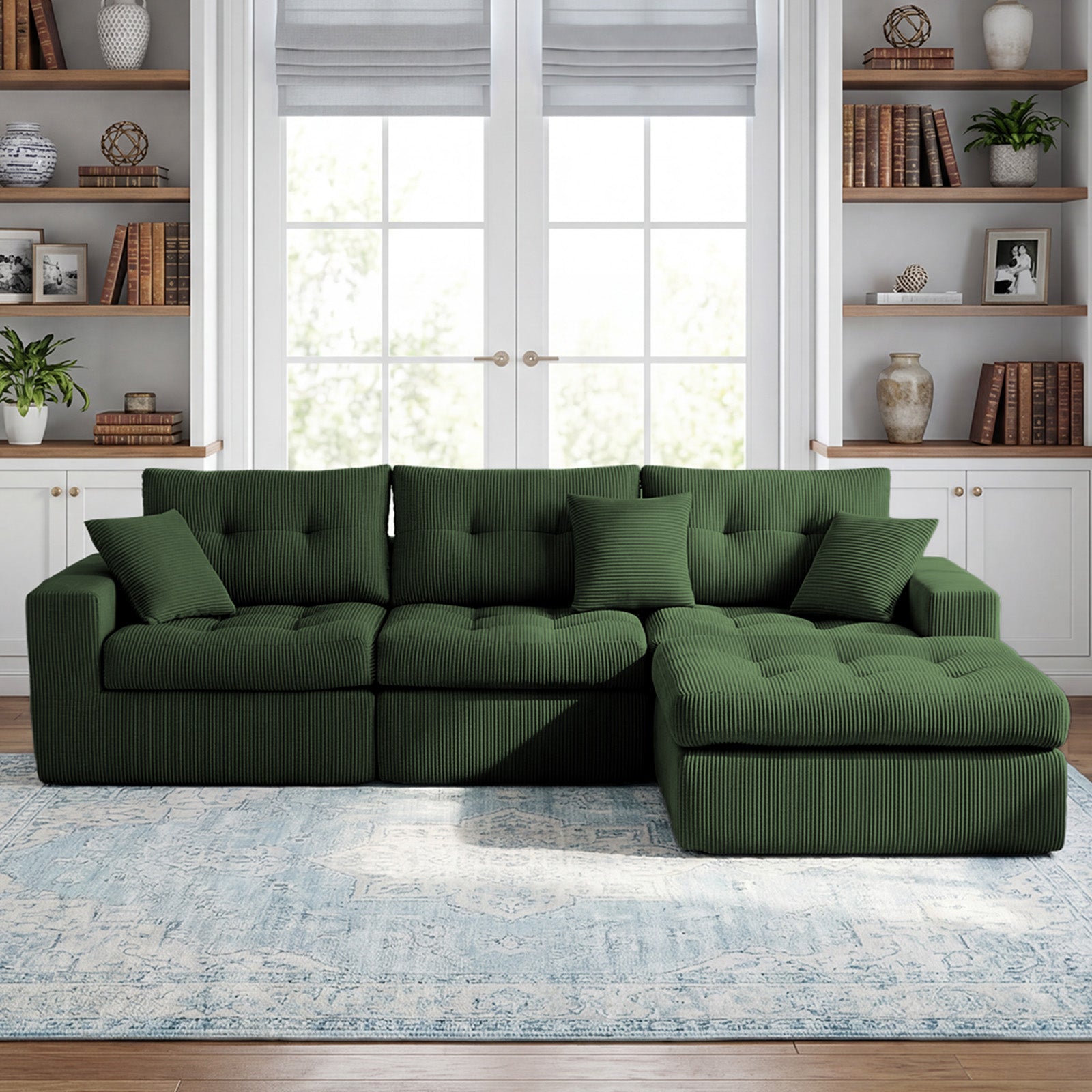 Corduroy Corner Chaise Compression Sofa Bed, L-Shaped Sectional Couch with High-Density Sponge, No-Assembly Required Convertible Sofa for Living Room, Apartment, Guest Room(Green) image 1
