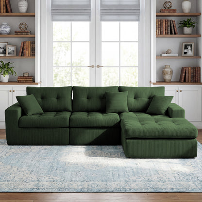Corduroy Corner Chaise Compression Sofa Bed, L-Shaped Sectional Couch with High-Density Sponge, No-Assembly Required Convertible Sofa for Living Room, Apartment, Guest Room(Green) image 1