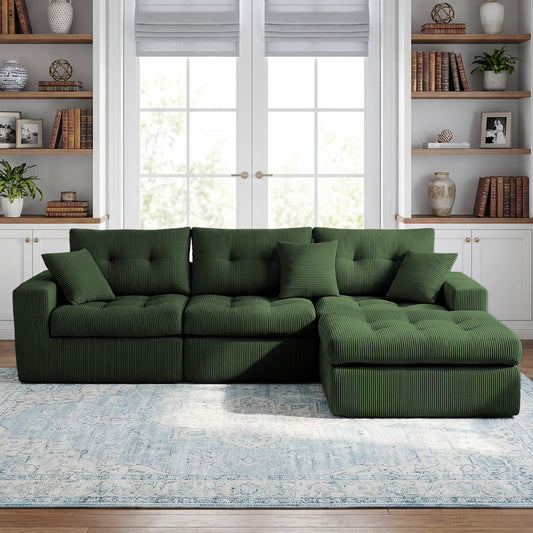 Corduroy corner chaise compression sofa bed in green - L-shaped sectional couch front view