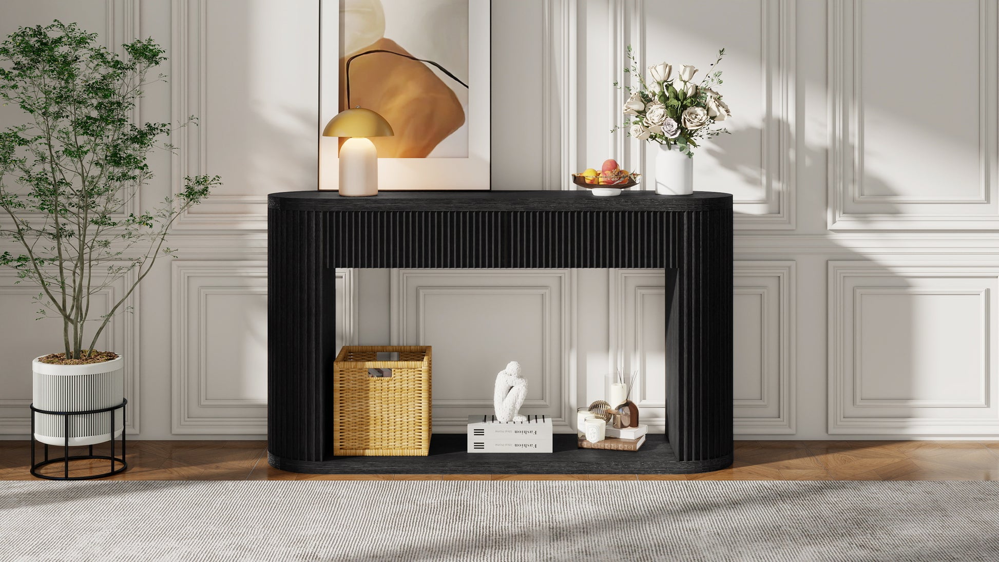 TREXM Oval Fluted Console Table with 2 Drawers and Bottom Shelf, Wood Entryway Table with Smooth Metal Slides for Living Room, Entryway (Black) image 4